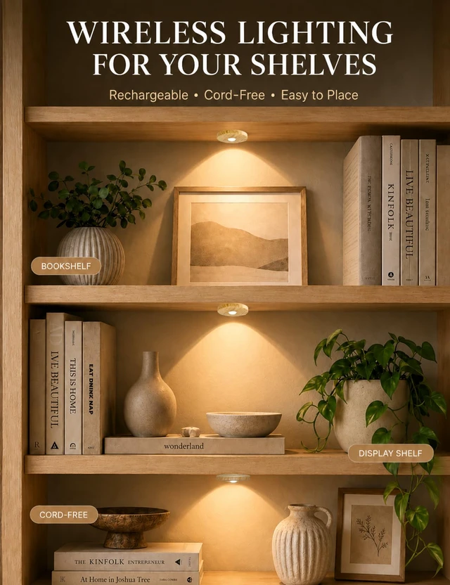 Alt view image 2 of 7 - Rechargeable Puck Lights with Remote, Wood-Look Under Shelf Lights, 3 Pack 2000mAh Battery, Remote Control, 4 Color Temperatures, 9 RGB Colors, Dimmable Brightness, Timer, Magnetic Mounting