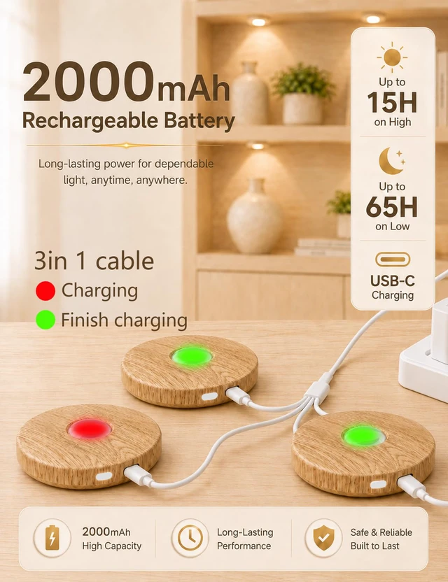Alt view image 3 of 7 - Rechargeable Puck Lights with Remote, Wood-Look Under Shelf Lights, 3 Pack 2000mAh Battery, Remote Control, 4 Color Temperatures, 9 RGB Colors, Dimmable Brightness, Timer, Magnetic Mounting