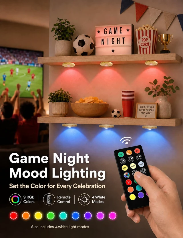Alt view image 5 of 7 - Rechargeable Puck Lights with Remote, Wood-Look Under Shelf Lights, 3 Pack 2000mAh Battery, Remote Control, 4 Color Temperatures, 9 RGB Colors, Dimmable Brightness, Timer, Magnetic Mounting