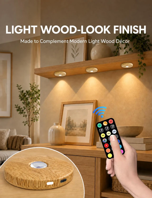 Alt view image 4 of 7 - Rechargeable Puck Lights with Remote, Wood-Look Under Shelf Lights, 3 Pack 2000mAh Battery, Remote Control, 4 Color Temperatures, 9 RGB Colors, Dimmable Brightness, Timer, Magnetic Mounting