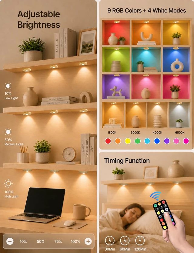Alt view image 6 of 7 - Rechargeable Puck Lights with Remote, Wood-Look Under Shelf Lights, 3 Pack 2000mAh Battery, Remote Control, 4 Color Temperatures, 9 RGB Colors, Dimmable Brightness, Timer, Magnetic Mounting