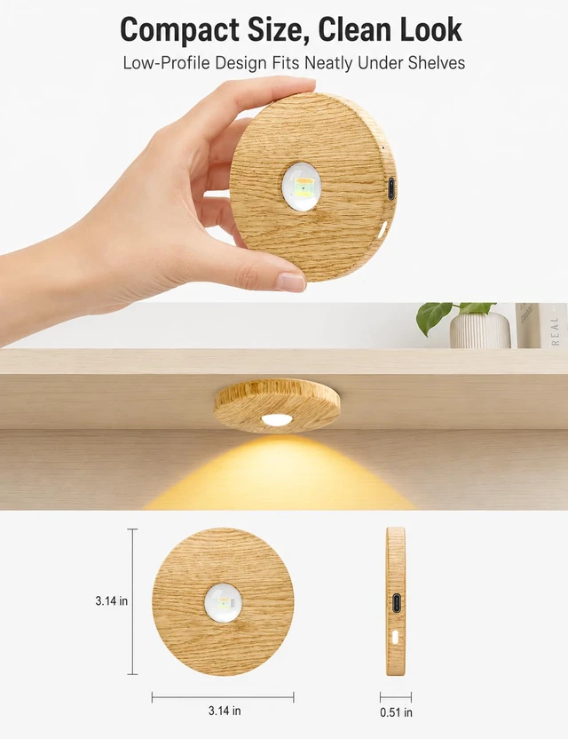 Alt view image 7 of 7 - Rechargeable Puck Lights with Remote, Wood-Look Under Shelf Lights, 3 Pack 2000mAh Battery, Remote Control, 4 Color Temperatures, 9 RGB Colors, Dimmable Brightness, Timer, Magnetic Mounting