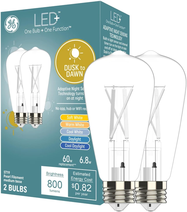 Main image of LED+ Dusk to Dawn LED Light Bulbs, Security Lights, 60 Watt Replacement, Decorative ST19 Bulbs, Medium Base, Color Select (2 Pack)