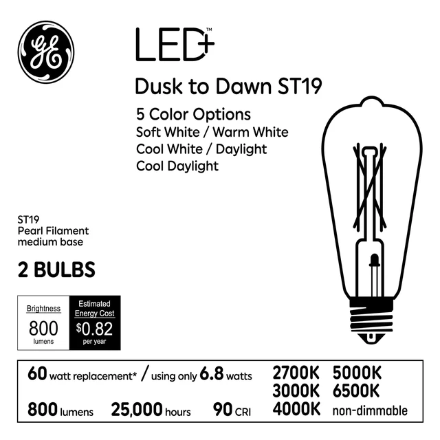Alt view image 3 of 7 - LED+ Dusk to Dawn LED Light Bulbs, Security Lights, 60 Watt Replacement, Decorative ST19 Bulbs, Medium Base, Color Select (2 Pack)