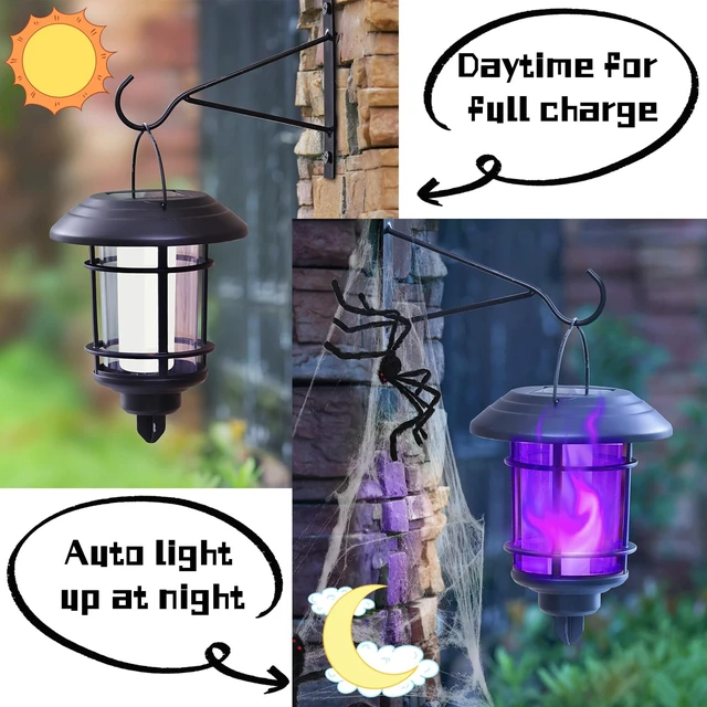 Alt view image 3 of 7 - Solar Purple Flame Wall Lanterns, Outdoor Halloween Hanging Lights, Flickering Flame LED Auto On/Off Wall Mounted Sconce Lights with Hooks, Waterproof for Garage Stair Patio Porch, 4 Pack