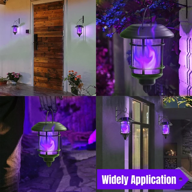 Alt view image 4 of 7 - Solar Purple Flame Wall Lanterns, Outdoor Halloween Hanging Lights, Flickering Flame LED Auto On/Off Wall Mounted Sconce Lights with Hooks, Waterproof for Garage Stair Patio Porch, 4 Pack
