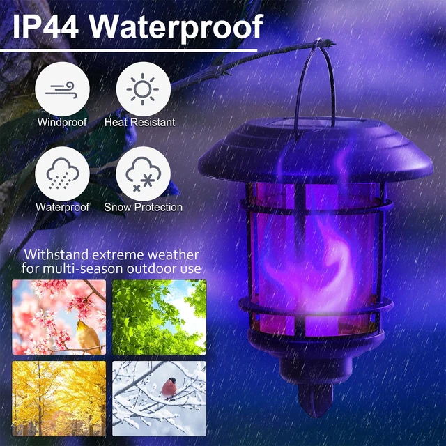 Alt view image 6 of 7 - Solar Purple Flame Wall Lanterns, Outdoor Halloween Hanging Lights, Flickering Flame LED Auto On/Off Wall Mounted Sconce Lights with Hooks, Waterproof for Garage Stair Patio Porch, 4 Pack