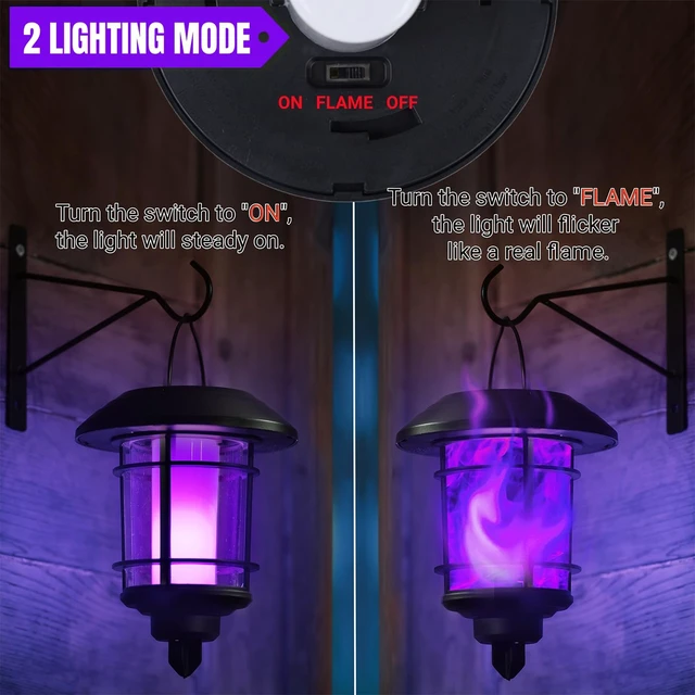 Alt view image 7 of 7 - Solar Purple Flame Wall Lanterns, Outdoor Halloween Hanging Lights, Flickering Flame LED Auto On/Off Wall Mounted Sconce Lights with Hooks, Waterproof for Garage Stair Patio Porch, 4 Pack