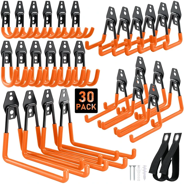 Main image of Steel Garage Hooks - 30Pack Anti-Slip Coating, Orange Wall Mount Hooks for Bikes, Garden Tools, Ladders, Hose, Bulk Items Ropes, Garage Tool Organizer with Extension Cord Wrap