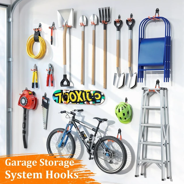 Alt view image 2 of 7 - Steel Garage Hooks - 30Pack Anti-Slip Coating, Orange Wall Mount Hooks for Bikes, Garden Tools, Ladders, Hose, Bulk Items Ropes, Garage Tool Organizer with Extension Cord Wrap