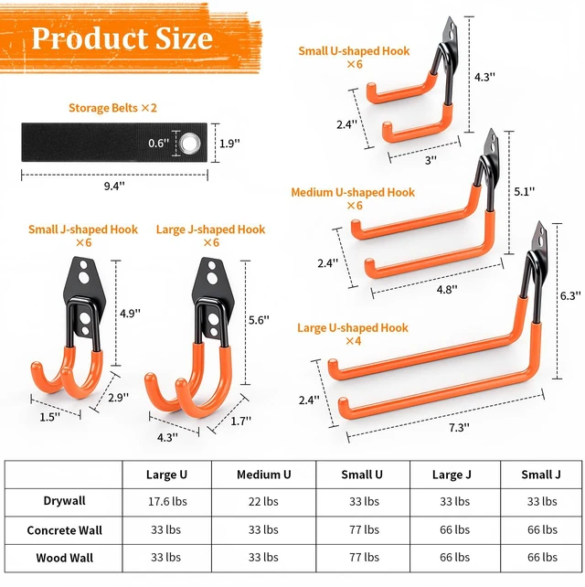 Alt view image 3 of 7 - Steel Garage Hooks - 30Pack Anti-Slip Coating, Orange Wall Mount Hooks for Bikes, Garden Tools, Ladders, Hose, Bulk Items Ropes, Garage Tool Organizer with Extension Cord Wrap