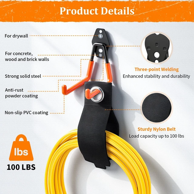 Alt view image 4 of 7 - Steel Garage Hooks - 30Pack Anti-Slip Coating, Orange Wall Mount Hooks for Bikes, Garden Tools, Ladders, Hose, Bulk Items Ropes, Garage Tool Organizer with Extension Cord Wrap