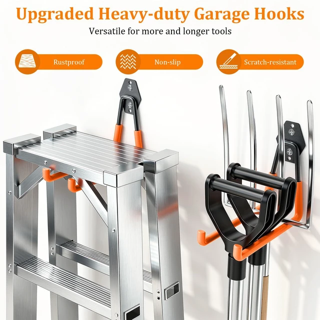Alt view image 5 of 7 - Steel Garage Hooks - 30Pack Anti-Slip Coating, Orange Wall Mount Hooks for Bikes, Garden Tools, Ladders, Hose, Bulk Items Ropes, Garage Tool Organizer with Extension Cord Wrap