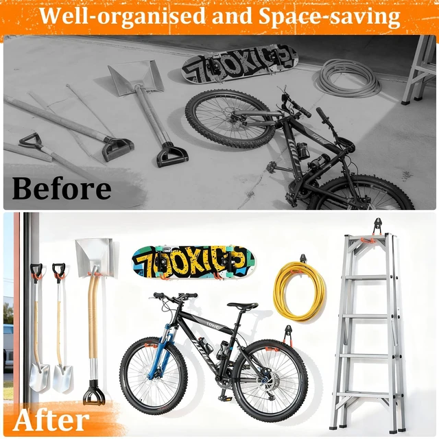 Alt view image 7 of 7 - Steel Garage Hooks - 30Pack Anti-Slip Coating, Orange Wall Mount Hooks for Bikes, Garden Tools, Ladders, Hose, Bulk Items Ropes, Garage Tool Organizer with Extension Cord Wrap