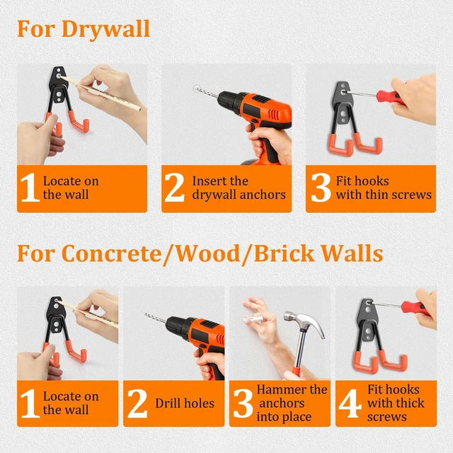 Alt view image 6 of 7 - Steel Garage Hooks - 30Pack Anti-Slip Coating, Orange Wall Mount Hooks for Bikes, Garden Tools, Ladders, Hose, Bulk Items Ropes, Garage Tool Organizer with Extension Cord Wrap
