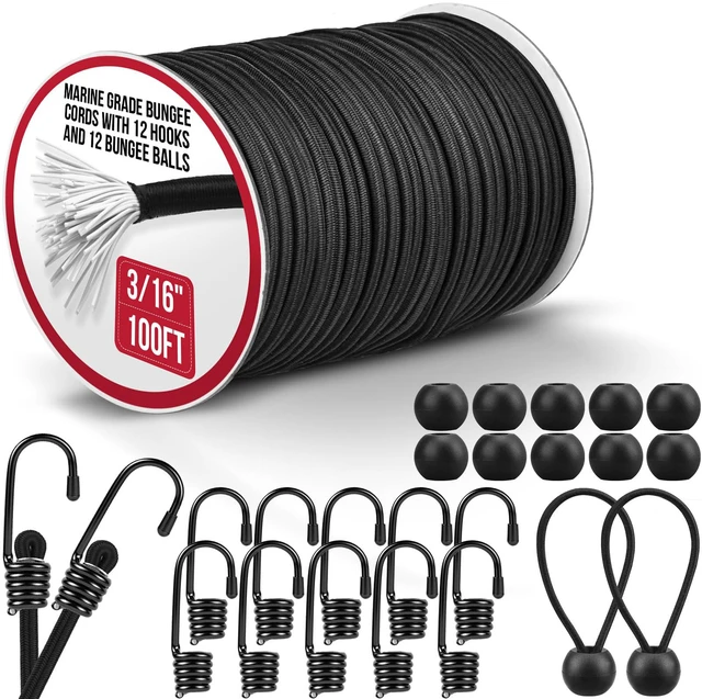 Main image of Marine Grade Heavy Duty Bungee Cord Roll with 12 Hooks 12 Bungee Balls- Black Elastic Shock Cord for Kayak Deck, Outdoor Camping, Tarp Tie Downs, Bike Rack, DIY Assorted Bungee Ropes (3/16" x 100ft)