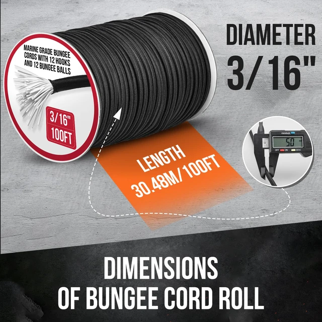 Alt view image 3 of 7 - Marine Grade Heavy Duty Bungee Cord Roll with 12 Hooks 12 Bungee Balls- Black Elastic Shock Cord for Kayak Deck, Outdoor Camping, Tarp Tie Downs, Bike Rack, DIY Assorted Bungee Ropes (3/16" x 100ft)