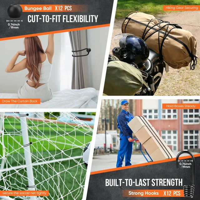 Alt view image 4 of 7 - Marine Grade Heavy Duty Bungee Cord Roll with 12 Hooks 12 Bungee Balls- Black Elastic Shock Cord for Kayak Deck, Outdoor Camping, Tarp Tie Downs, Bike Rack, DIY Assorted Bungee Ropes (3/16" x 100ft)