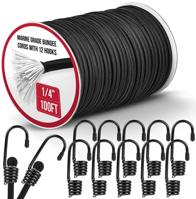 Main image of Marine Grade Heavy Duty Bungee Cord Roll with 12 Hooks - Black Elastic Shock Cord Kit for Kayak Deck, Outdoor Camping, Tarp Tie Downs, Bike Rack, DIY Assorted Bungee Ropes (1/4" x 100ft)