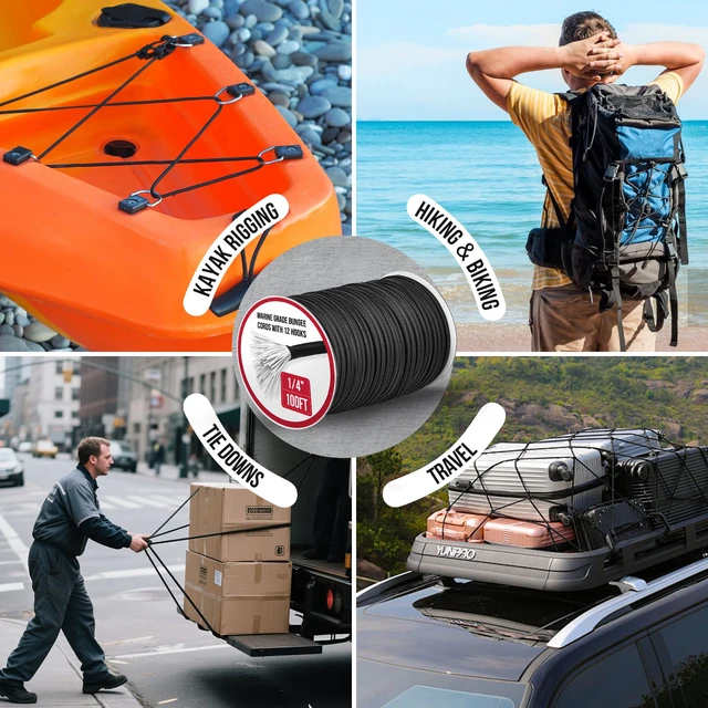Alt view image 7 of 7 - Marine Grade Heavy Duty Bungee Cord Roll with 12 Hooks - Black Elastic Shock Cord Kit for Kayak Deck, Outdoor Camping, Tarp Tie Downs, Bike Rack, DIY Assorted Bungee Ropes (1/4" x 100ft)