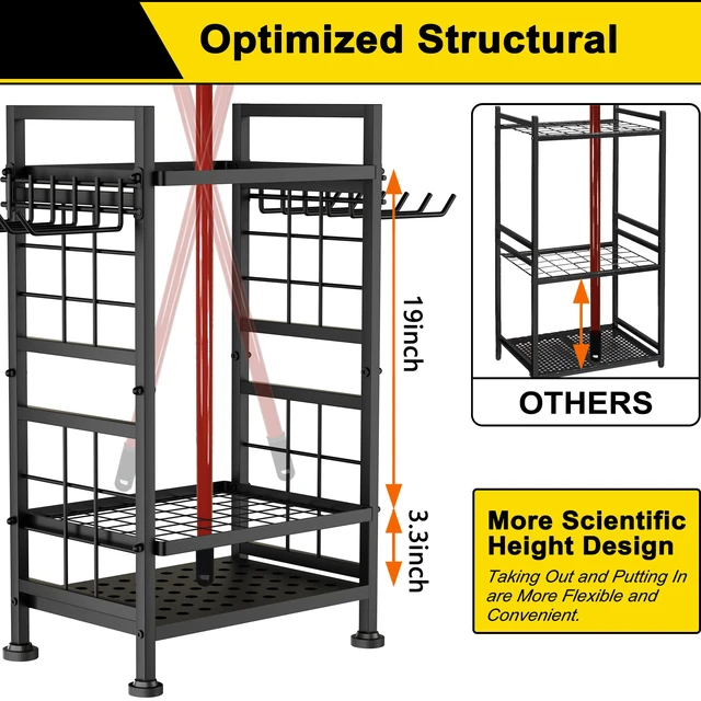 Alt view image 7 of 7 - 3 Tier Garden Tool Organizer, Garage Storage and Organization, Metal Yard Tools Storage up to 78 Tools, Heavy Duty Garden Tool Organizer for Garage, Yard, Patio, Shed, Indoors and Outdoors, Black