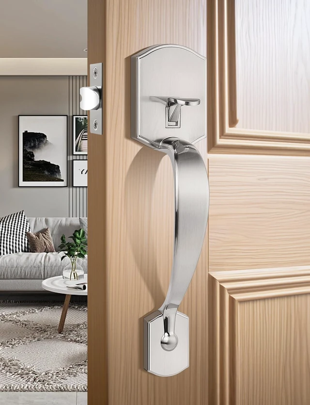 Alt view image 2 of 7 - Brushed Nickel Front Door Handle, Exterior Door Handles No Lock Zinc Alloy, 250,000 Cycles Durability, No Extra Drilling, Entry Door Lock with Reversible Handle