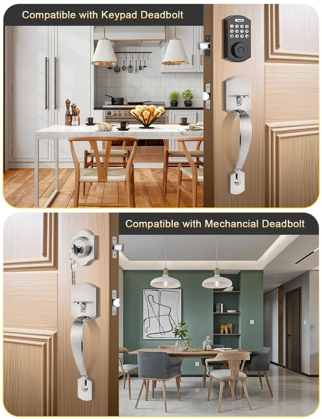 Alt view image 6 of 7 - Brushed Nickel Front Door Handle, Exterior Door Handles No Lock Zinc Alloy, 250,000 Cycles Durability, No Extra Drilling, Entry Door Lock with Reversible Handle