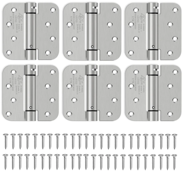 Main image of 4 Inch Self Closing Door Hinges, 5/8" Radius Corners Spring Loaded Hinges for Exterior, Garage, Front and Back Door, UL Listed, for Left and Right Hand Door, Brushed Nickel, 6 Pack