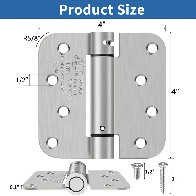Alt view image 2 of 7 - 4 Inch Self Closing Door Hinges, 5/8" Radius Corners Spring Loaded Hinges for Exterior, Garage, Front and Back Door, UL Listed, for Left and Right Hand Door, Brushed Nickel, 6 Pack