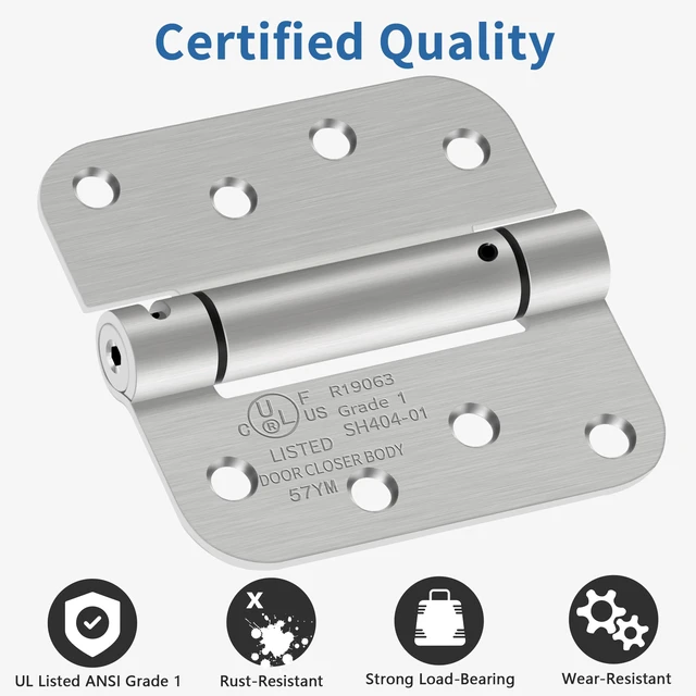 Alt view image 3 of 7 - 4 Inch Self Closing Door Hinges, 5/8" Radius Corners Spring Loaded Hinges for Exterior, Garage, Front and Back Door, UL Listed, for Left and Right Hand Door, Brushed Nickel, 6 Pack