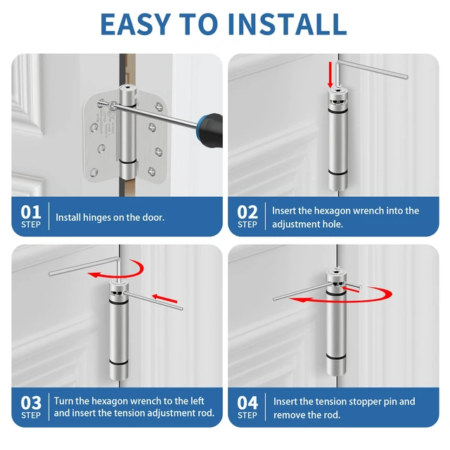 Alt view image 5 of 7 - 4 Inch Self Closing Door Hinges, 5/8" Radius Corners Spring Loaded Hinges for Exterior, Garage, Front and Back Door, UL Listed, for Left and Right Hand Door, Brushed Nickel, 6 Pack