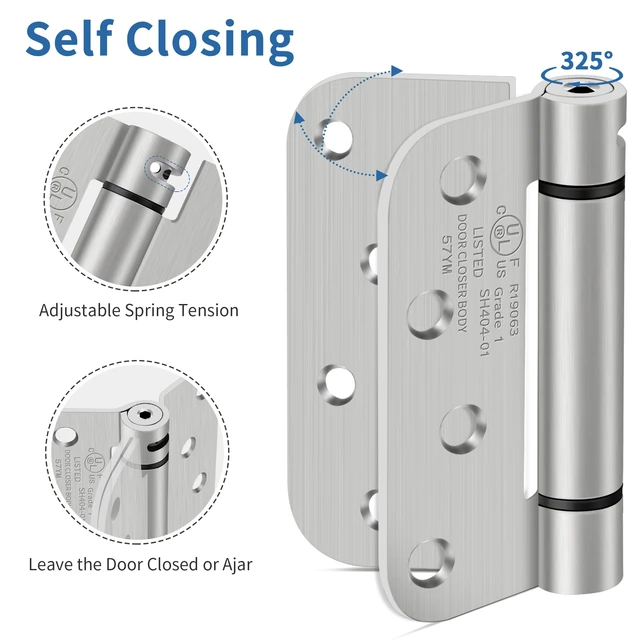 Alt view image 4 of 7 - 4 Inch Self Closing Door Hinges, 5/8" Radius Corners Spring Loaded Hinges for Exterior, Garage, Front and Back Door, UL Listed, for Left and Right Hand Door, Brushed Nickel, 6 Pack