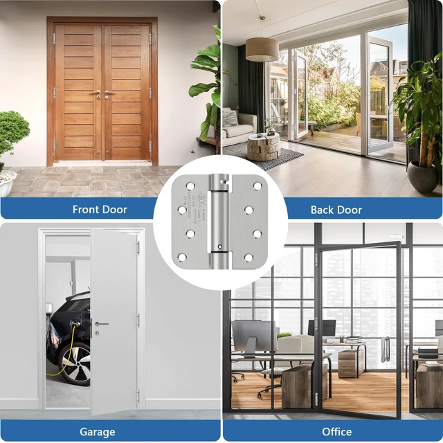 Alt view image 6 of 7 - 4 Inch Self Closing Door Hinges, 5/8" Radius Corners Spring Loaded Hinges for Exterior, Garage, Front and Back Door, UL Listed, for Left and Right Hand Door, Brushed Nickel, 6 Pack