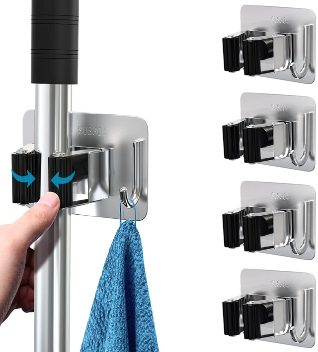 Main image of Mop Broom Holder No Drill, Mop Broom Organizer Wall Mounted Heavy Duty with Hooks Hanger, Self Adhesive Stainless Steel 4Pcs for Bathroom, Kitchen, Office (Multicolor)