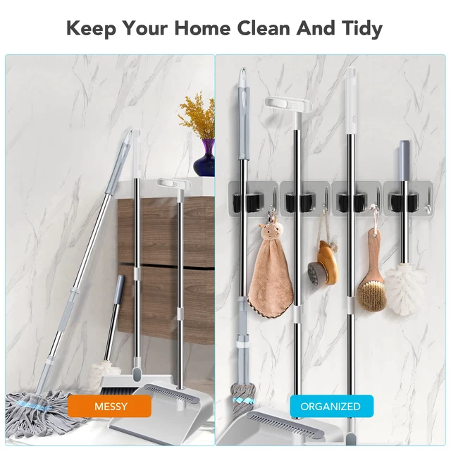 Alt view image 3 of 7 - Mop Broom Holder No Drill, Mop Broom Organizer Wall Mounted Heavy Duty with Hooks Hanger, Self Adhesive Stainless Steel 4Pcs for Bathroom, Kitchen, Office (Multicolor)
