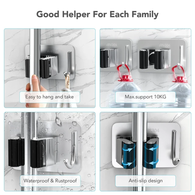 Alt view image 4 of 7 - Mop Broom Holder No Drill, Mop Broom Organizer Wall Mounted Heavy Duty with Hooks Hanger, Self Adhesive Stainless Steel 4Pcs for Bathroom, Kitchen, Office (Multicolor)
