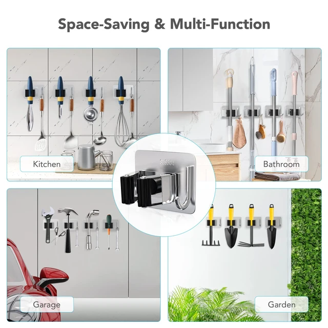 Alt view image 5 of 7 - Mop Broom Holder No Drill, Mop Broom Organizer Wall Mounted Heavy Duty with Hooks Hanger, Self Adhesive Stainless Steel 4Pcs for Bathroom, Kitchen, Office (Multicolor)