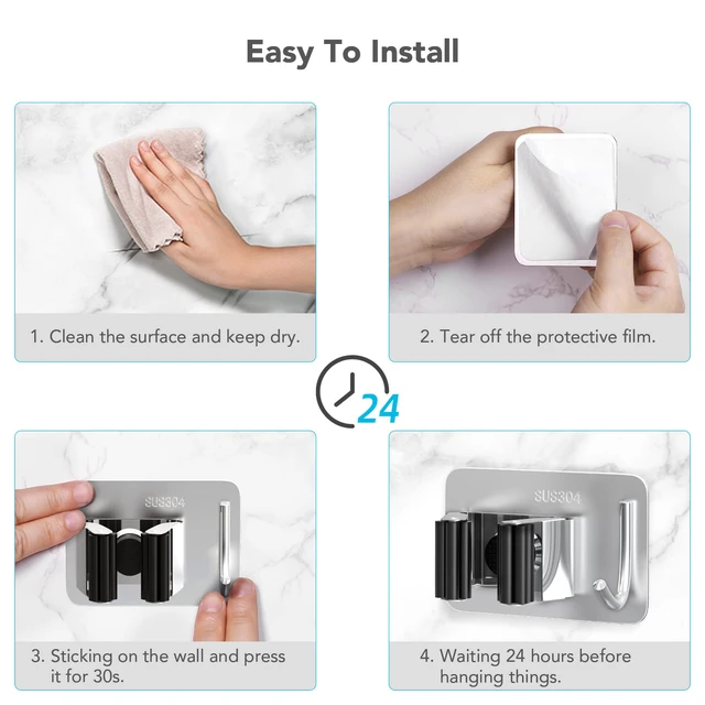 Alt view image 6 of 7 - Mop Broom Holder No Drill, Mop Broom Organizer Wall Mounted Heavy Duty with Hooks Hanger, Self Adhesive Stainless Steel 4Pcs for Bathroom, Kitchen, Office (Multicolor)