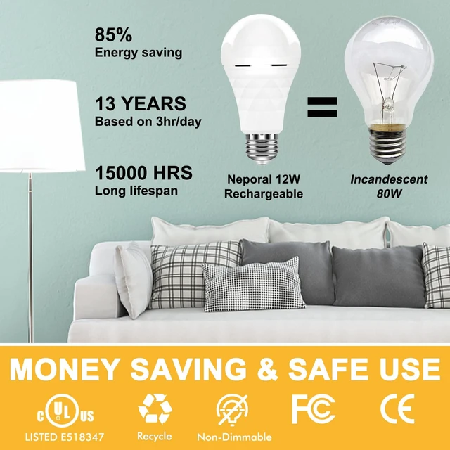 Alt view image 5 of 7 - A19 Rechargeable Light Bulbs, Socket Rechageable Battery Backup for Power Outages, Emergenecy Light Bulbs for Power Failure, Hurricane, Led Bulb 60 Watt Equiv., (Daylight-6 PK)