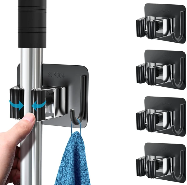 Main image of Broom Holder Wall Mount 4Pcs, Self Adhesive Mop Broom Hanger Self adhesive stainless steel broom organizer with 4 hooks, holds mops, brooms and garden tools without drilling