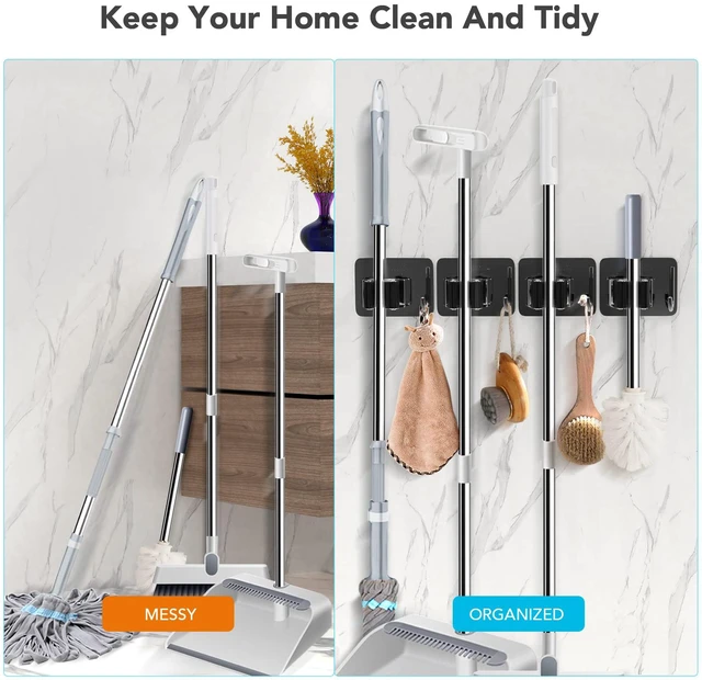 Alt view image 3 of 7 - Broom Holder Wall Mount 4Pcs, Self Adhesive Mop Broom Hanger Self adhesive stainless steel broom organizer with 4 hooks, holds mops, brooms and garden tools without drilling