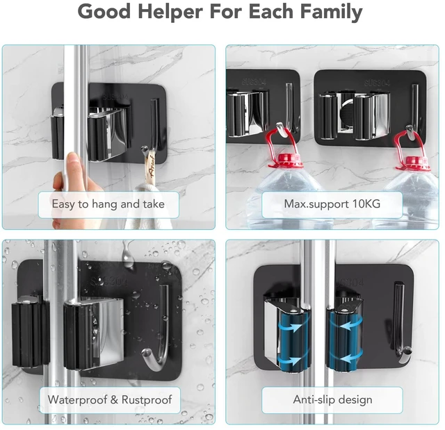 Alt view image 4 of 7 - Broom Holder Wall Mount 4Pcs, Self Adhesive Mop Broom Hanger Self adhesive stainless steel broom organizer with 4 hooks, holds mops, brooms and garden tools without drilling