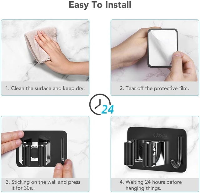 Alt view image 6 of 7 - Broom Holder Wall Mount 4Pcs, Self Adhesive Mop Broom Hanger Self adhesive stainless steel broom organizer with 4 hooks, holds mops, brooms and garden tools without drilling
