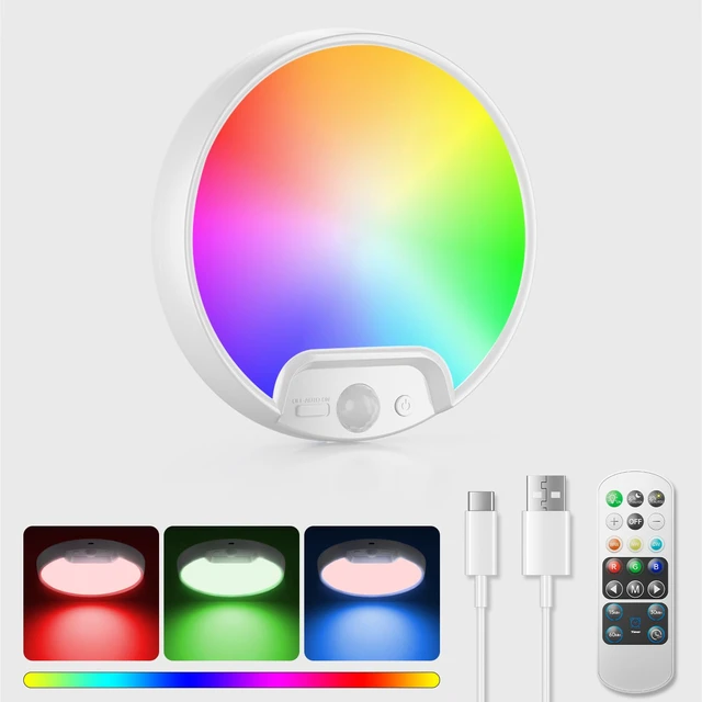 Alt view image 2 of 7 - RGB Rechargeable Shower Motion Sensor Ceiling Light with Remote Wireless Battery Operated Ceiling Light with 10 Colors Changing, for Basement, Pantry, Cabinet, Hallway, Stairs, Shed, Garage