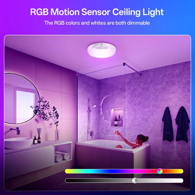 Alt view image 3 of 7 - RGB Rechargeable Shower Motion Sensor Ceiling Light with Remote Wireless Battery Operated Ceiling Light with 10 Colors Changing, for Basement, Pantry, Cabinet, Hallway, Stairs, Shed, Garage