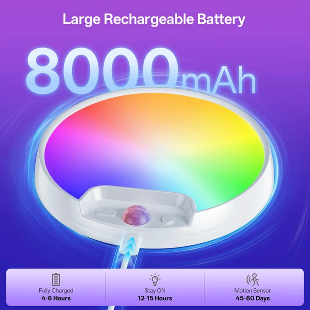 Alt view image 4 of 7 - RGB Rechargeable Shower Motion Sensor Ceiling Light with Remote Wireless Battery Operated Ceiling Light with 10 Colors Changing, for Basement, Pantry, Cabinet, Hallway, Stairs, Shed, Garage