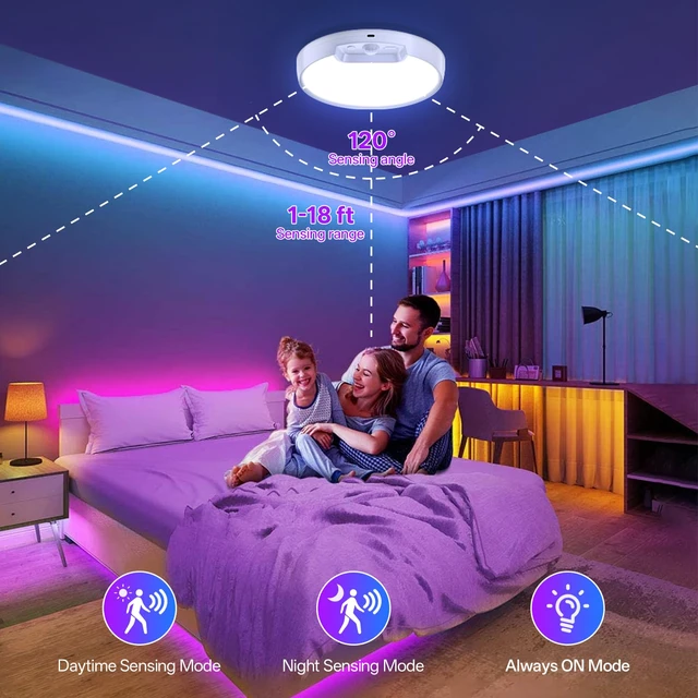 Alt view image 5 of 7 - RGB Rechargeable Shower Motion Sensor Ceiling Light with Remote Wireless Battery Operated Ceiling Light with 10 Colors Changing, for Basement, Pantry, Cabinet, Hallway, Stairs, Shed, Garage