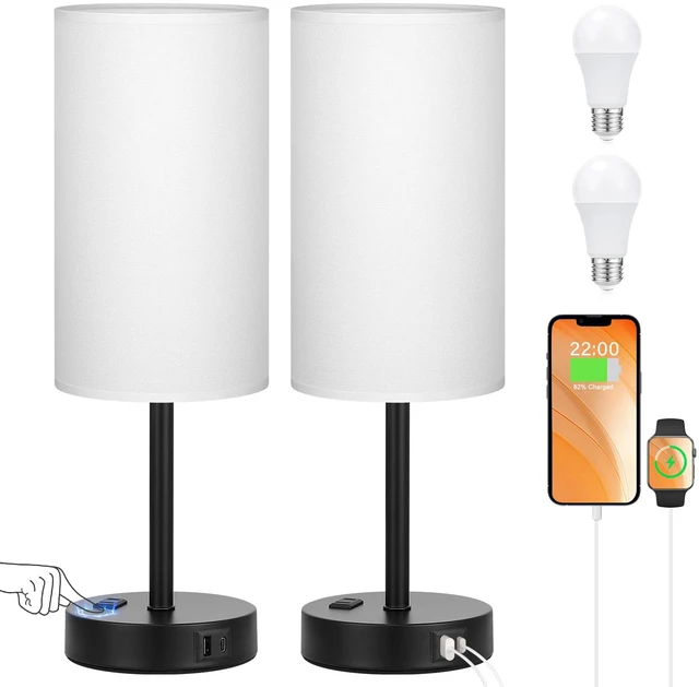 Main image of Touch Bedside Table Lamps Set of 2 - Bedroom Lamp with USB A+C, AC Outlet 3-Way Dimmable, LED Bulb Included, White Fabric Lampshade, Matte Black Metal Base & Pole,17" Tall Nightstand Lamp for Desk