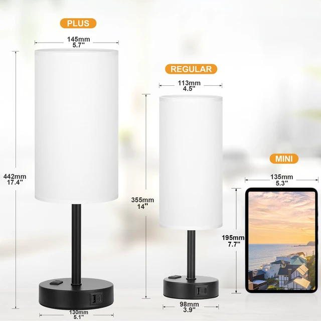 Alt view image 2 of 7 - Touch Bedside Table Lamps Set of 2 - Bedroom Lamp with USB A+C, AC Outlet 3-Way Dimmable, LED Bulb Included, White Fabric Lampshade, Matte Black Metal Base & Pole,17" Tall Nightstand Lamp for Desk