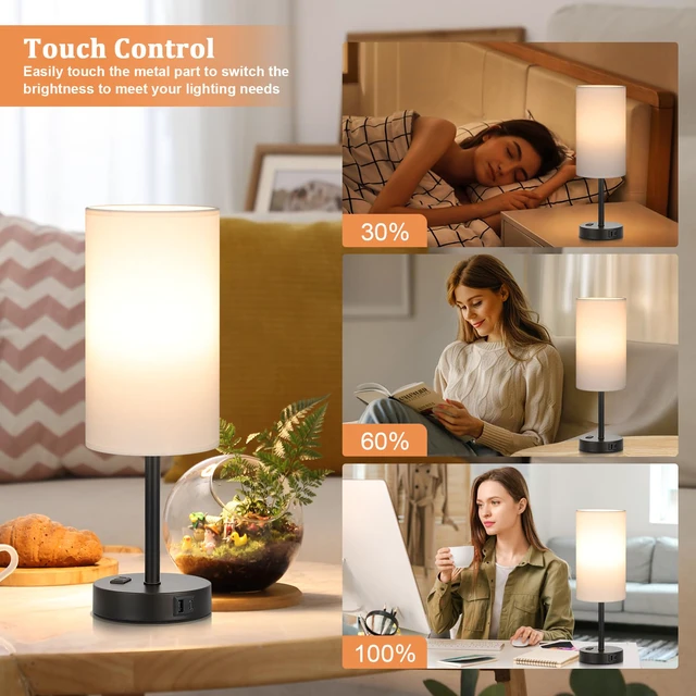 Alt view image 3 of 7 - Touch Bedside Table Lamps Set of 2 - Bedroom Lamp with USB A+C, AC Outlet 3-Way Dimmable, LED Bulb Included, White Fabric Lampshade, Matte Black Metal Base & Pole,17" Tall Nightstand Lamp for Desk